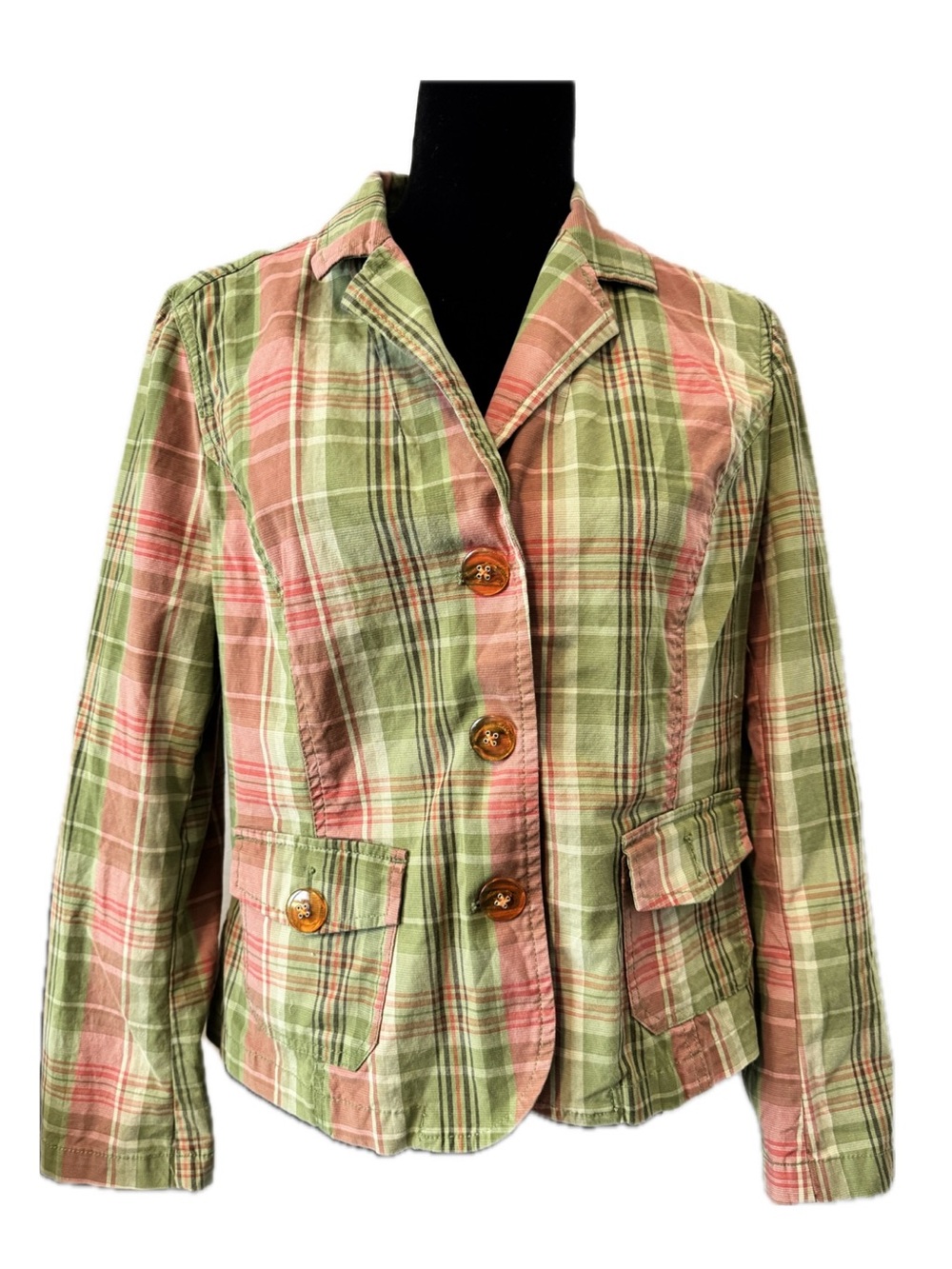 Talbots Petite 12 Pink Green Plaid Cotton Blazer Jacket
